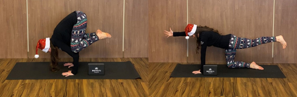 Plank – lift up each of your 4 limbs one at a time Or Crow Pose